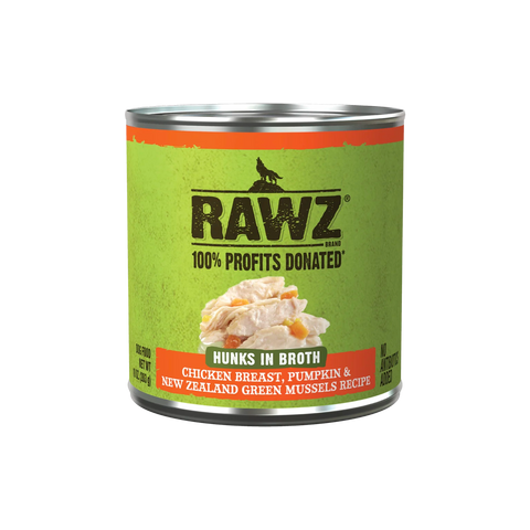 RAWZ Hunks in Broth Chicken Breast, Pumpkin & New Zealand Green Mussels Dog Food, 10 oz Can